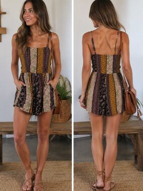 Fashion on Earth Boho Floral Patchwork Romper Dress with Shorts (M)
